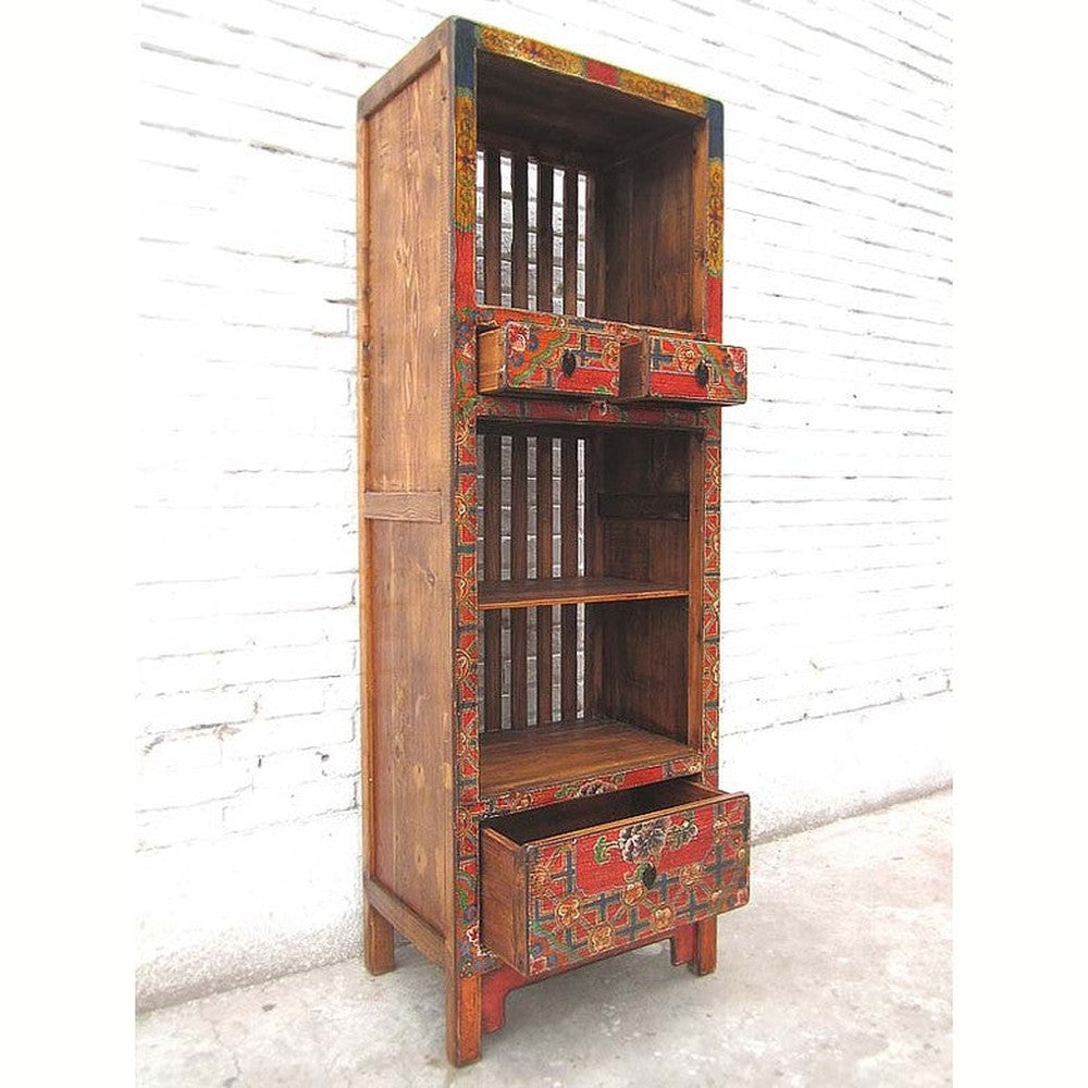 Asien schlanker Regalturm Kommode buntbraun Folklore Stil Pinienholz