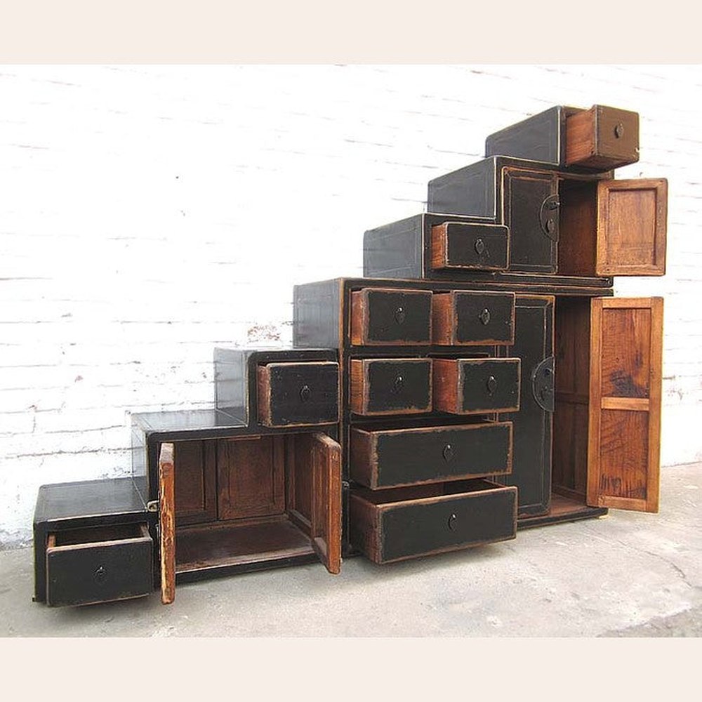 China gestufte Kommode Treppenschrank unter Schrägen vintage Holz schwarzer Lack