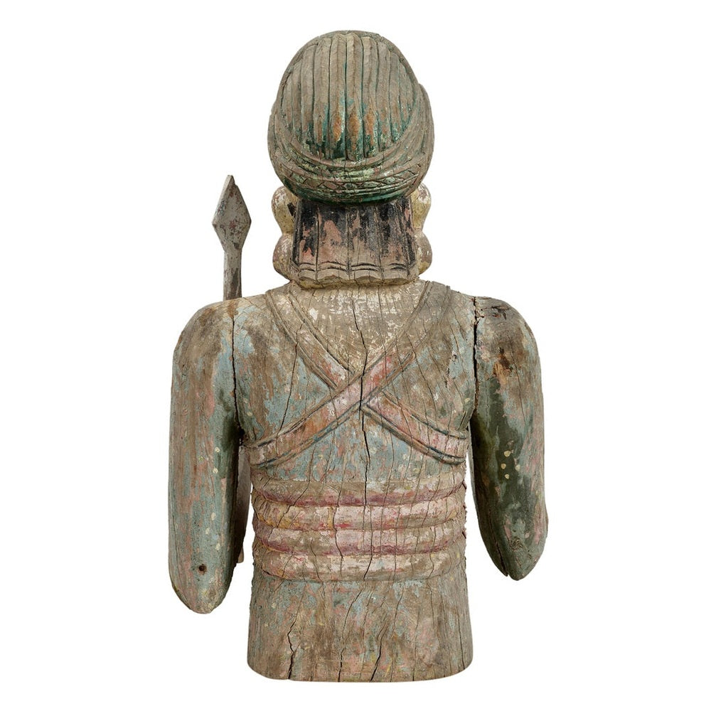 Indien Krieger Statue geschnitzte Halbfigur Skulptur holzfarbig Rajasthan 1940