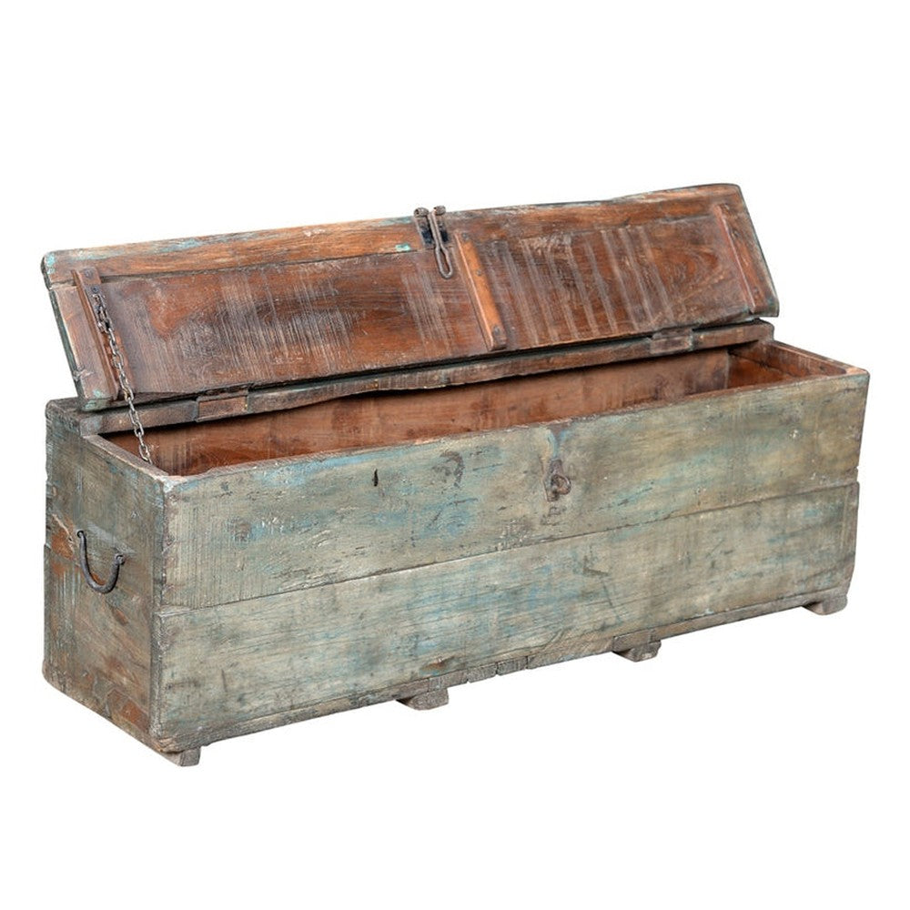 Indien 1920 schlanke alte Truhe Werkzeug Box aus grobem Holz blaue Farblasuren Rajasthan