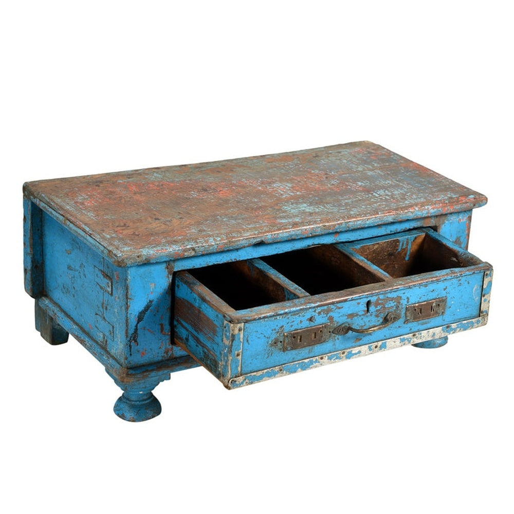Indien 1940 massiver kleiner Schreibtisch shabby chic look azurblaues Finish Guarat