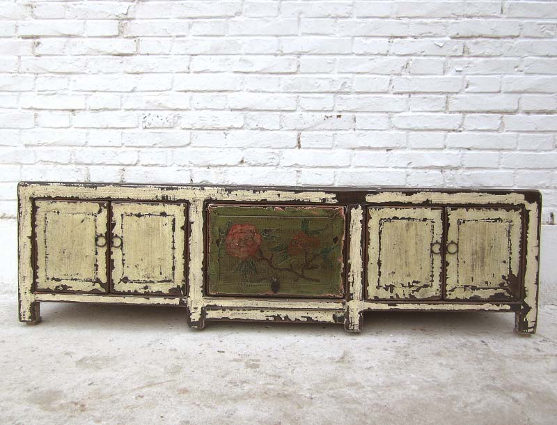 China shabby chic Lowboard flache Anrichte fuer TV Flachbildschirm Pinie antikweiss