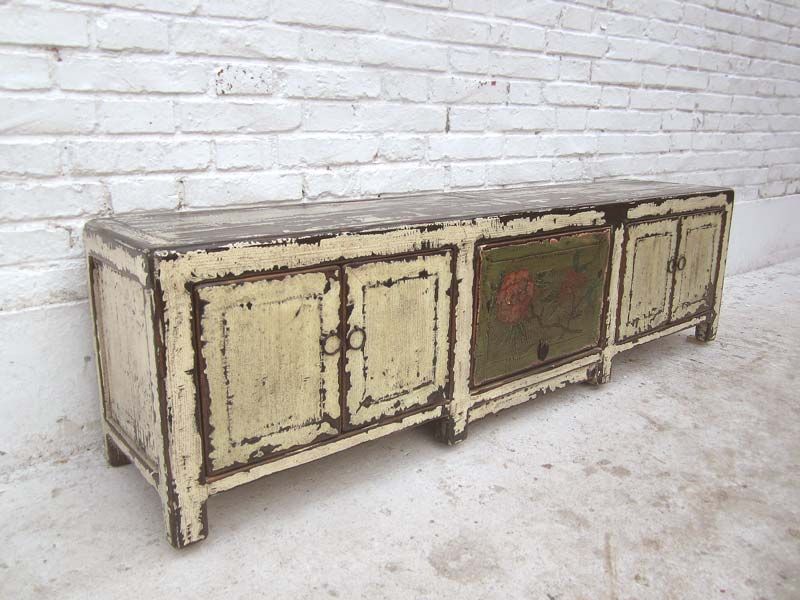 China shabby chic Lowboard flache Anrichte fuer TV Flachbildschirm Pinie antikweiss
