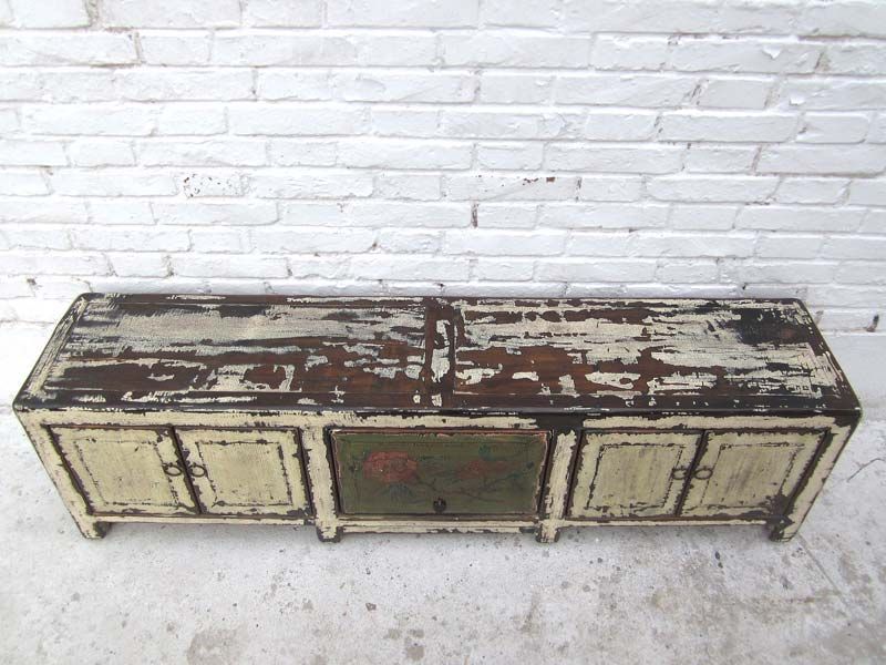 China shabby chic Lowboard flache Anrichte fuer TV Flachbildschirm Pinie antikweiss