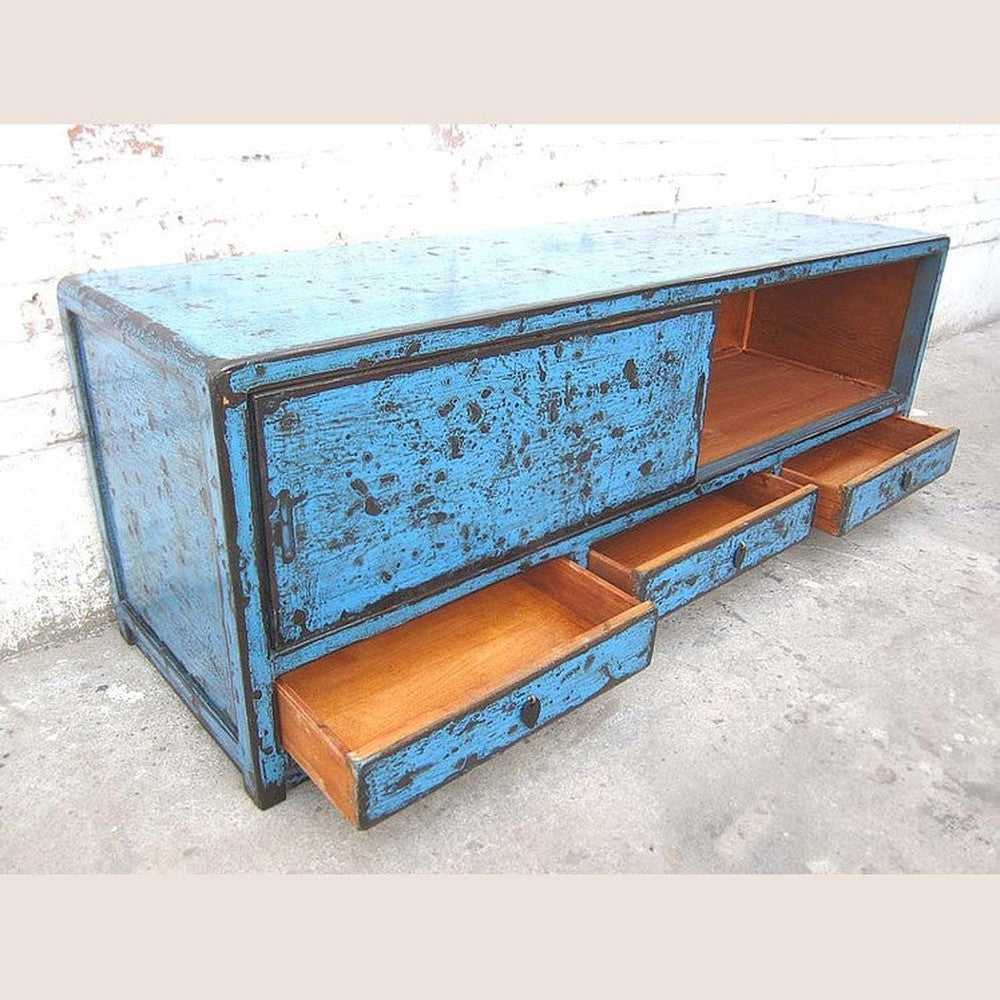 Asien Lowboard Kommode azurblau Shabby Chic Pinienholz