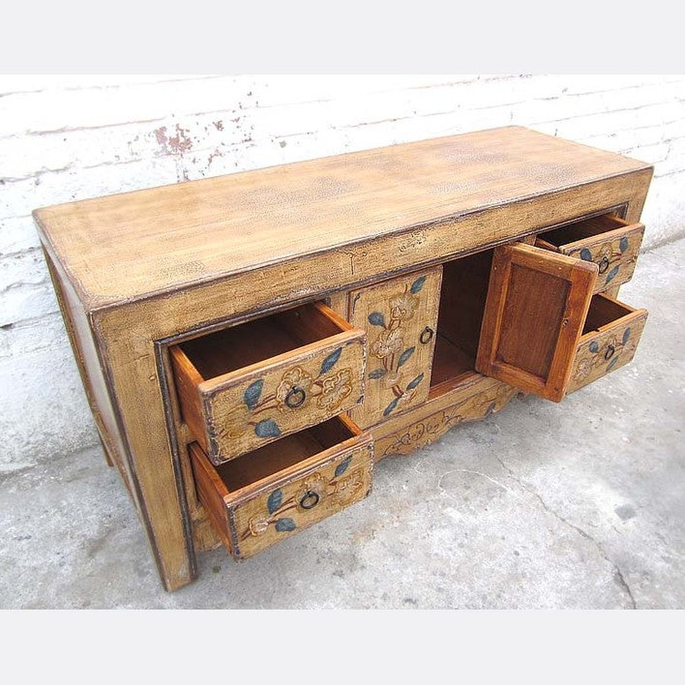 Asien kleines Sideboard Anrichte TV Kommode florale Bemalung Naturholz