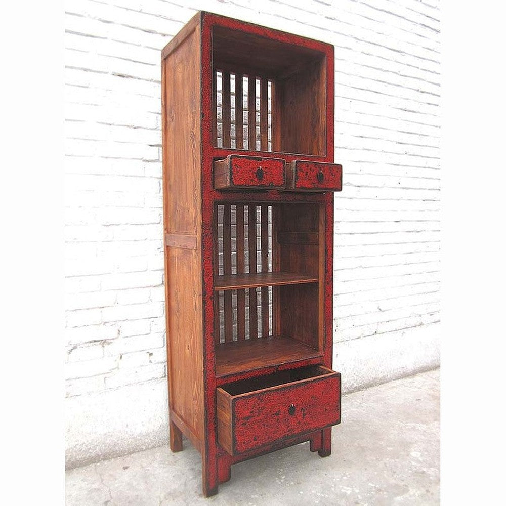 Asien schlanker Regalturm Kommode rotbraun Vintage Stil Pinienholz