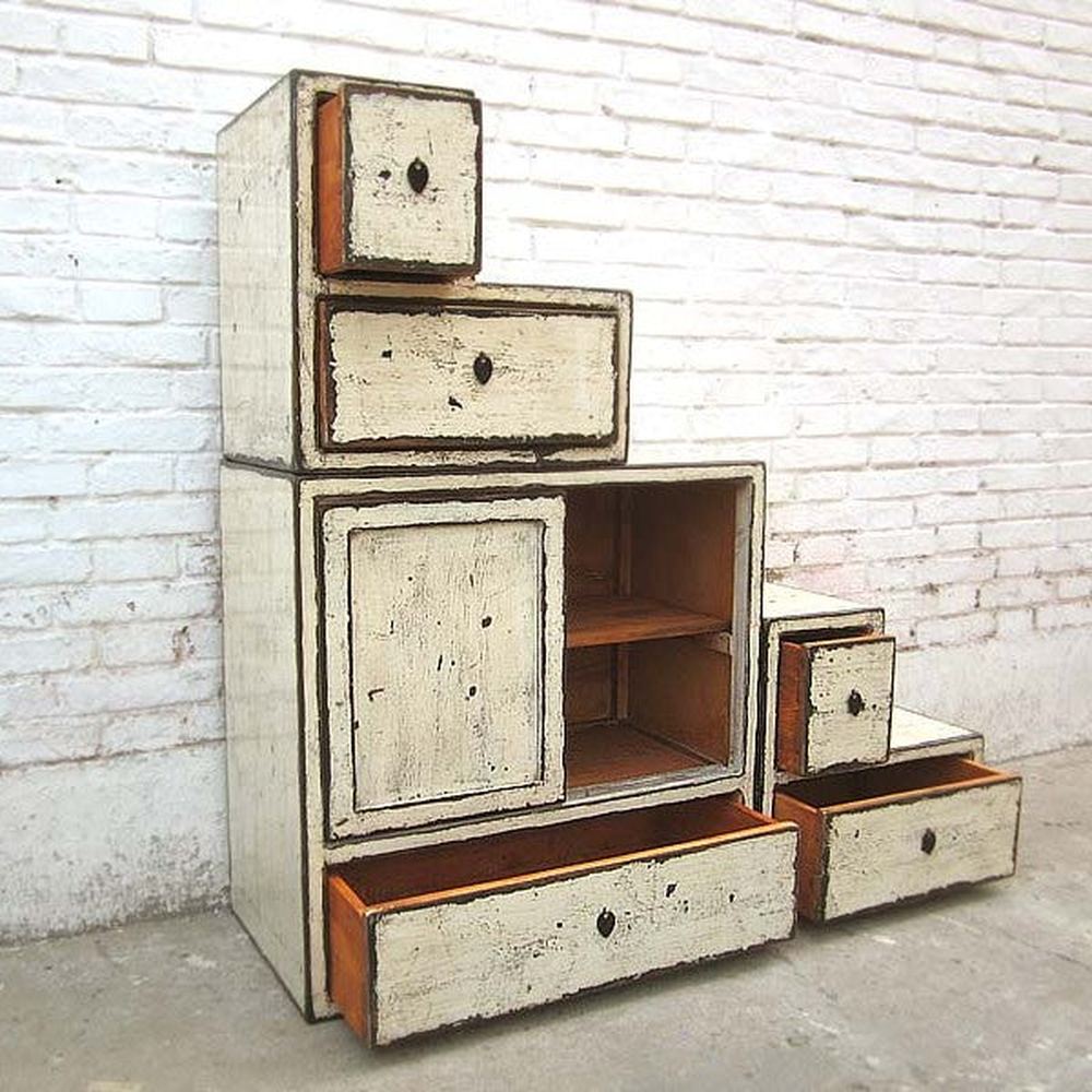 Asia Treppen Kommode Shabby chic Lack altweiß beidseitig nutzbar