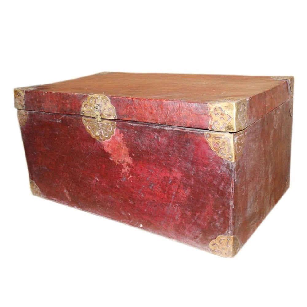 Tibet 1930 seltene Truhe Holz mit Büffelleder bezogen Messingbeschläge