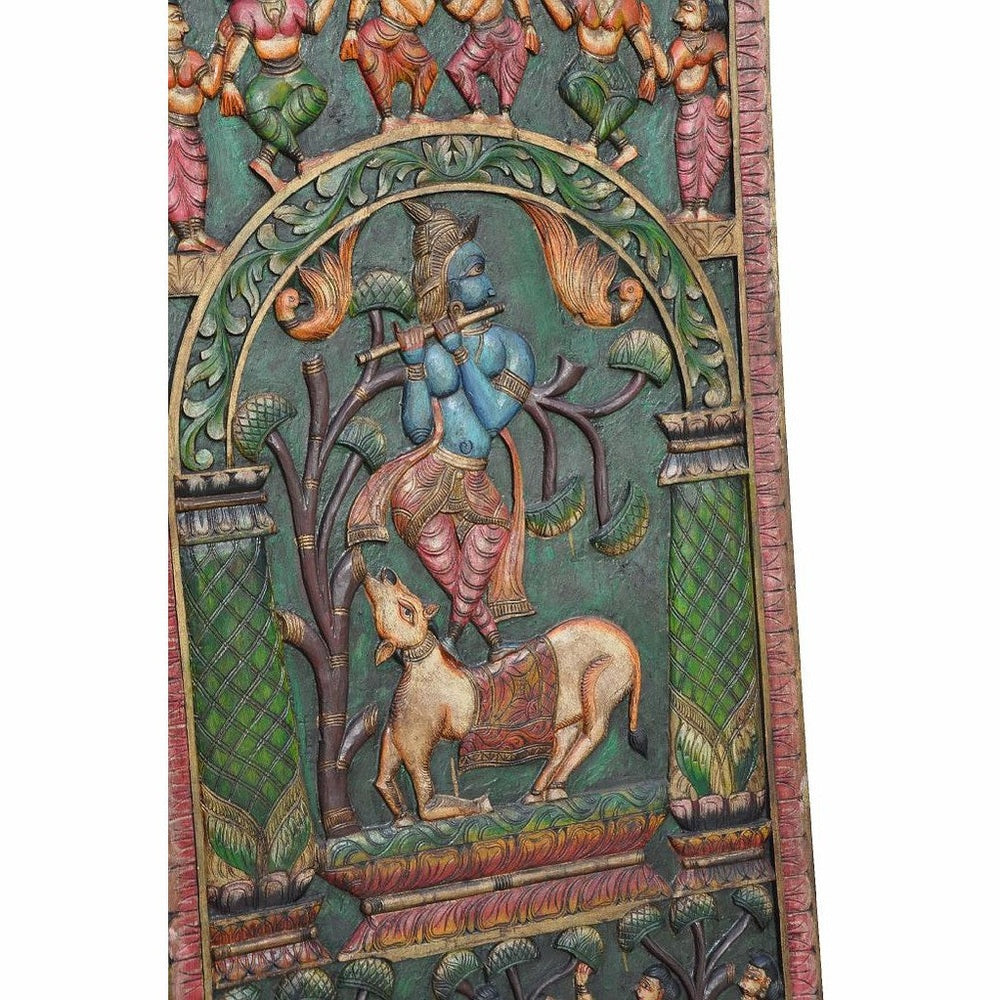 Luxury-Park Geschnitztes Holzwand-Panel aus Indien – Krishna spielt Bansuri