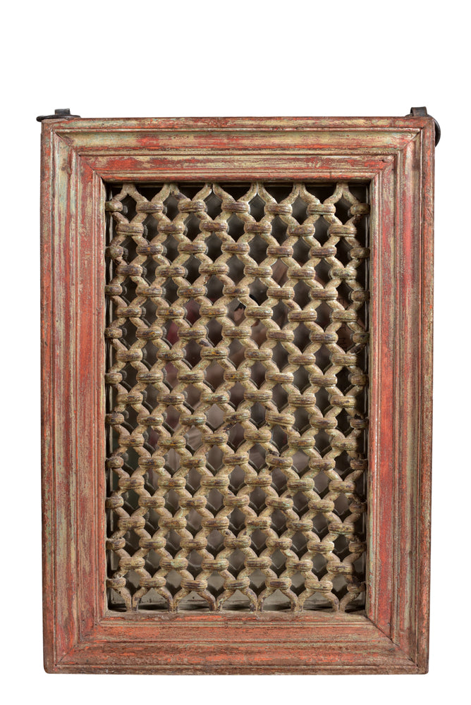 Indien Fensterrahmen mit Ziergitter dunkles Holz zum Einbau Rajasthan 1945