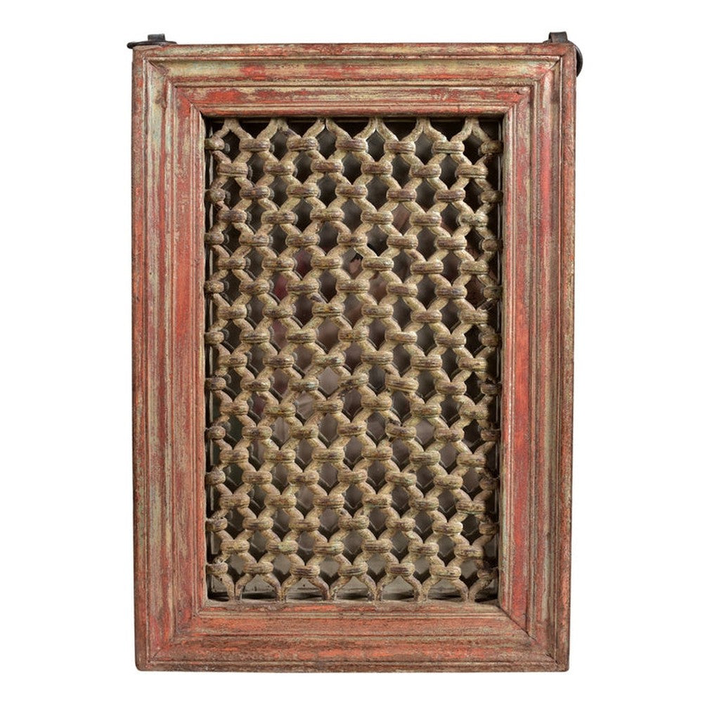 Indien Fensterrahmen mit Ziergitter dunkles Holz zum Einbau Rajasthan 1945