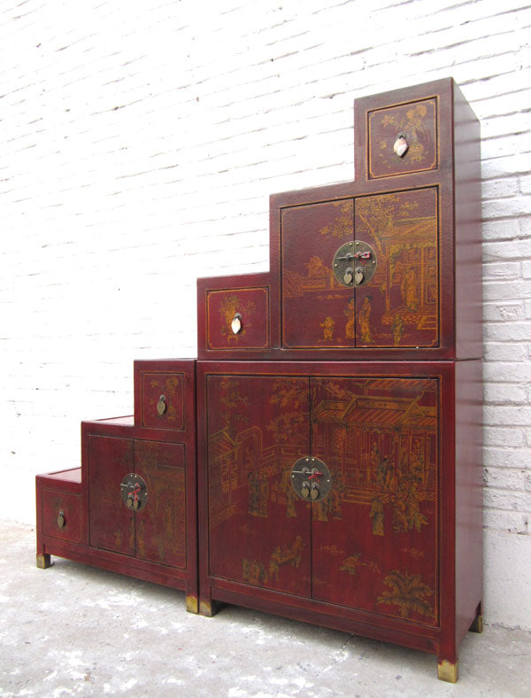 China Treppen Kommode Schrank rotbraun Antikfinish