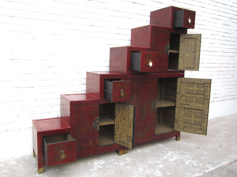 China Treppen Kommode Schrank rotbraun Antikfinish