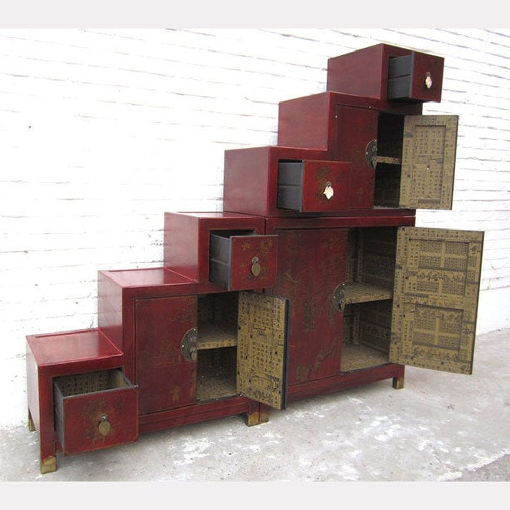 China Treppen Kommode Schrank rotbraun Antikfinish