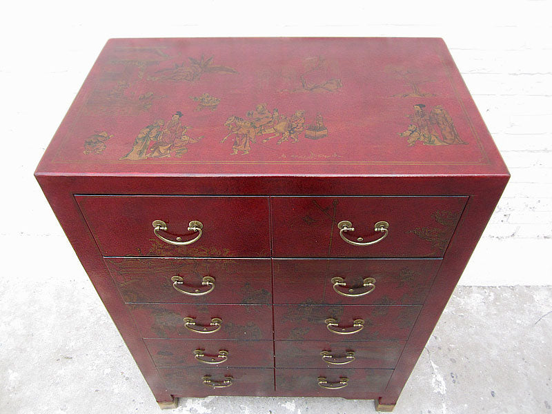 China Schubladenkommode rotbraun Lederoptik Vintage Pinienholz