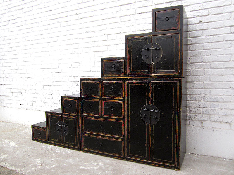Asien Treppen Kommode Schrank antikschwarz Kolonial Stil Pinie