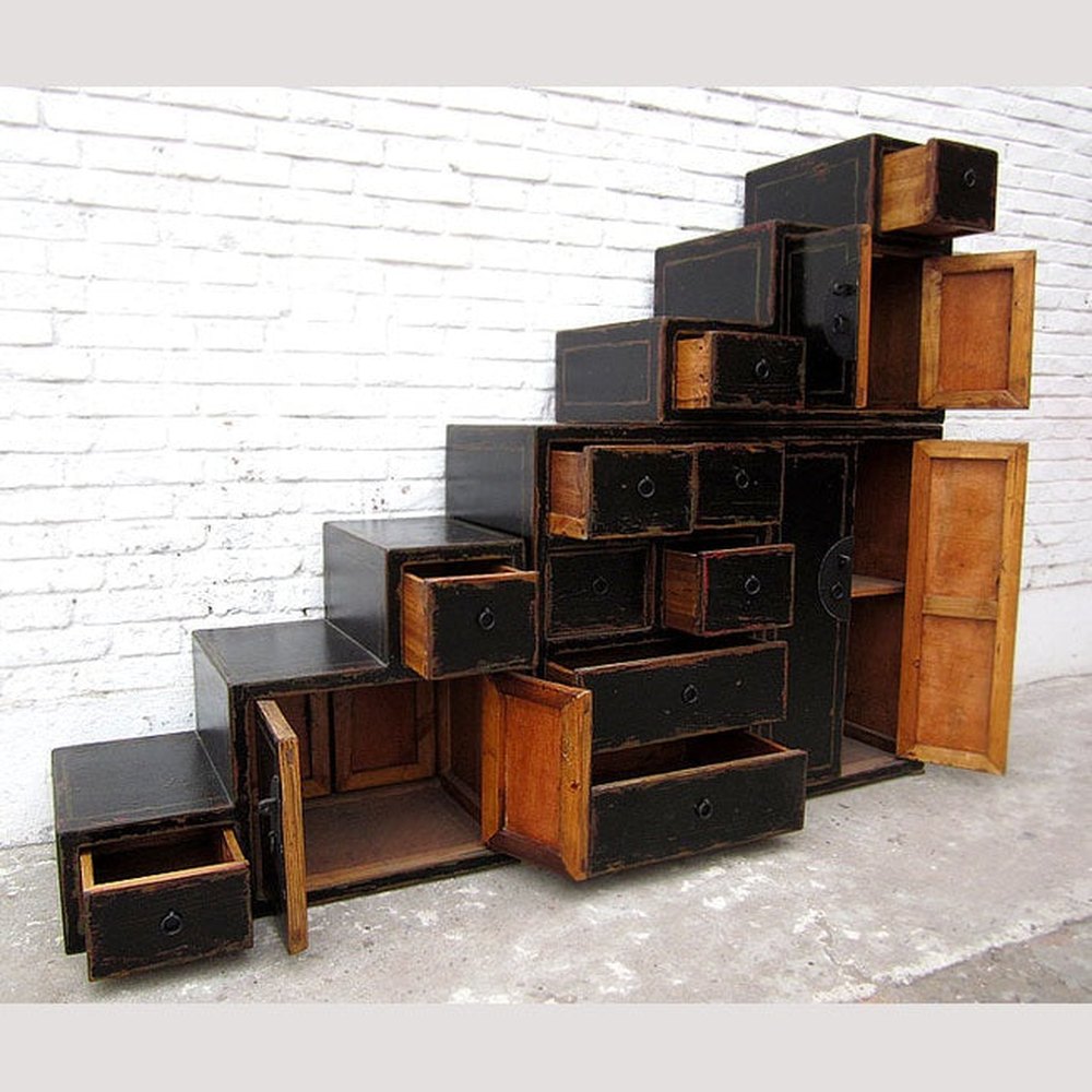 Asien Treppen Kommode Schrank antikschwarz Kolonial Stil Pinie