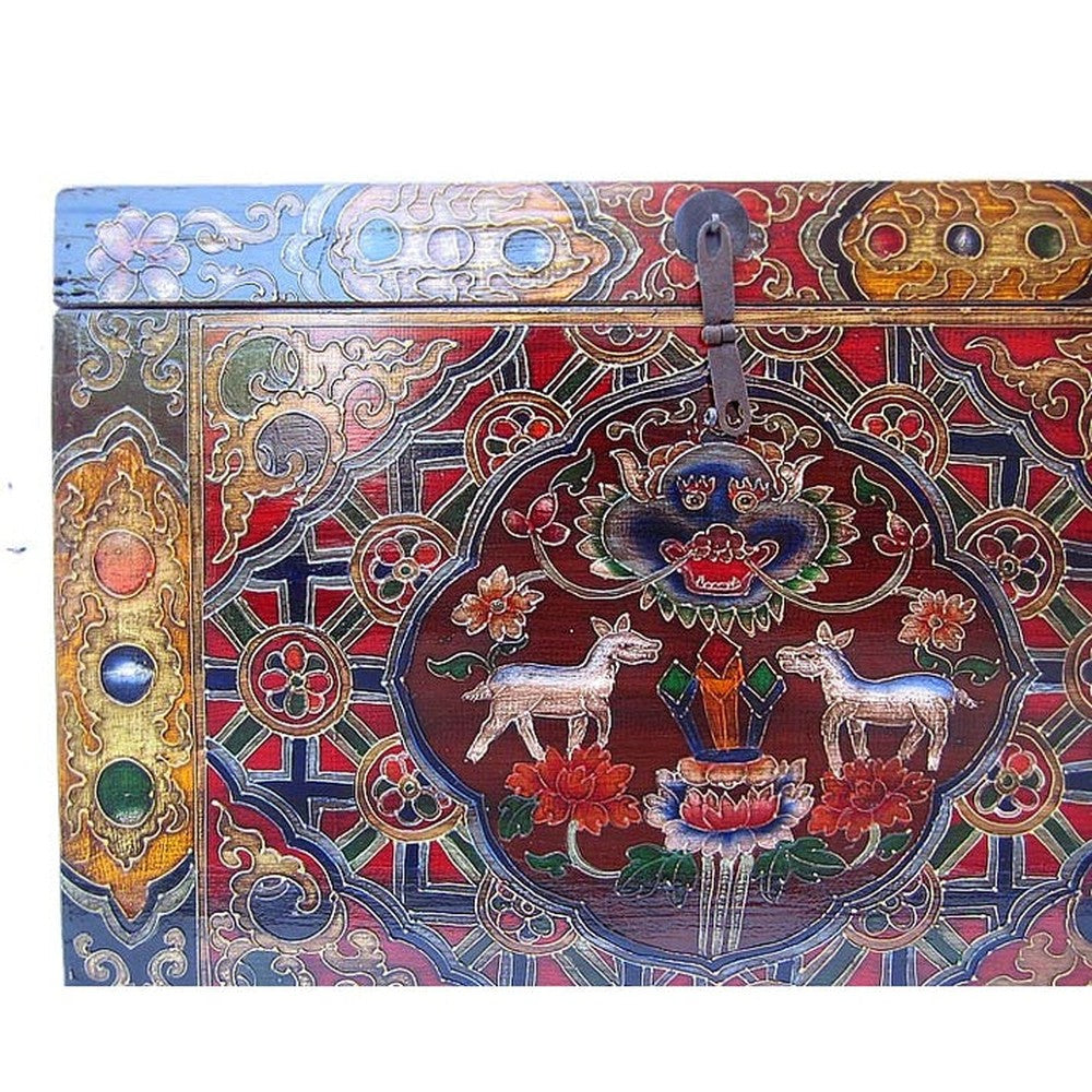 Tibet Aussteuer Truhe rund Jahre alt phantastisch bemalt
