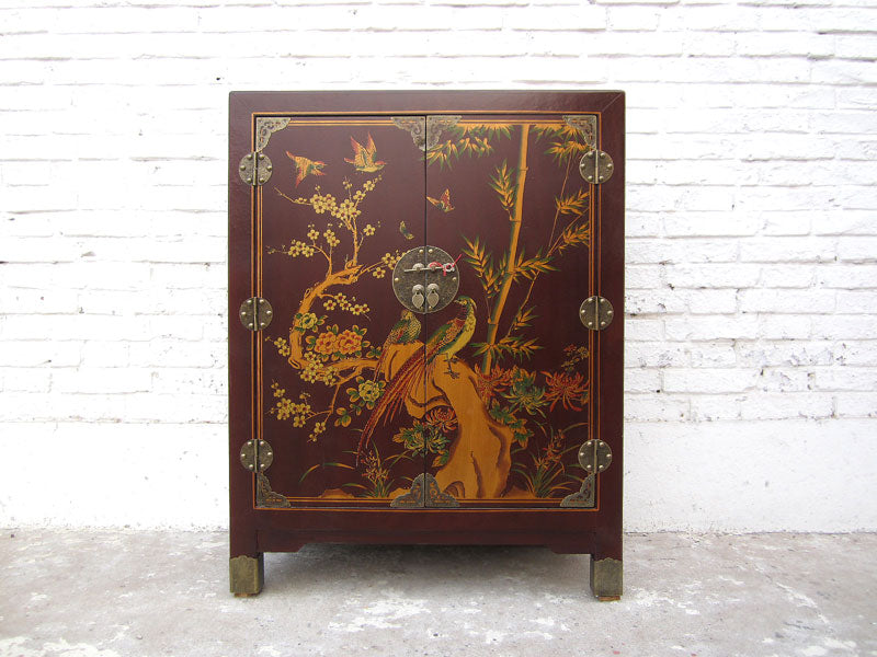 China Kommode Lederfinish feine rote Bemalung Vintage Stil Pinie