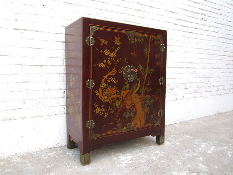 China Kommode Lederfinish feine rote Bemalung Vintage Stil Pinie