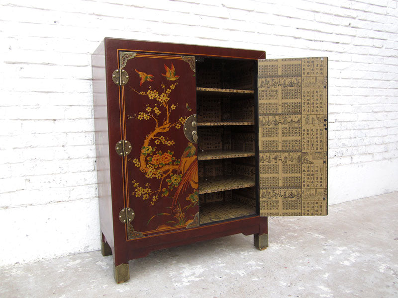 China Kommode Lederfinish feine rote Bemalung Vintage Stil Pinie