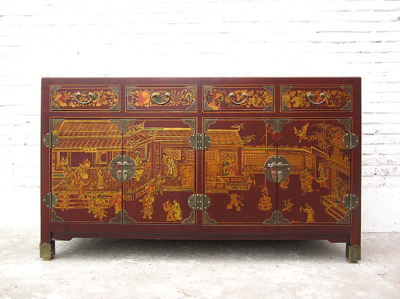 China Sideboard Kommode rotbraun Lederfinish Klassik Stil Holz