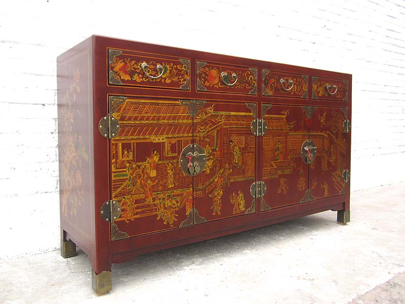 China Sideboard Kommode rotbraun Lederfinish Klassik Stil Holz