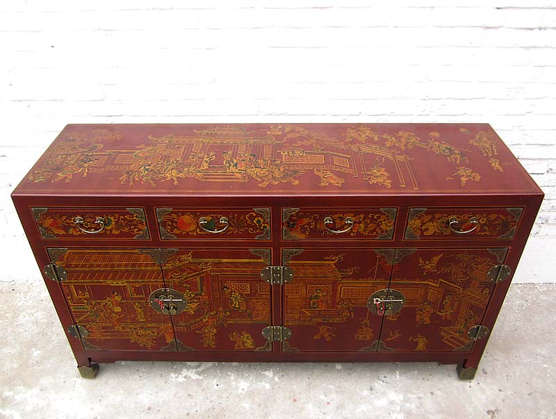 China Sideboard Kommode rotbraun Lederfinish Klassik Stil Holz