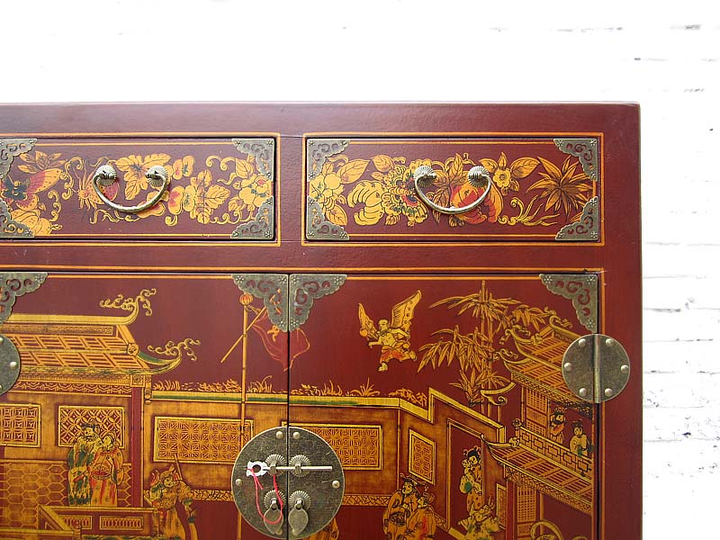 China Sideboard Kommode rotbraun Lederfinish Klassik Stil Holz