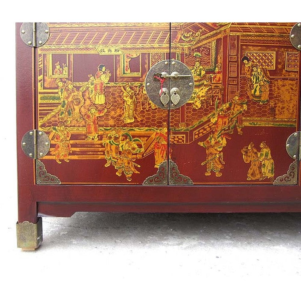 China Sideboard Kommode rotbraun Lederfinish Klassik Stil Holz