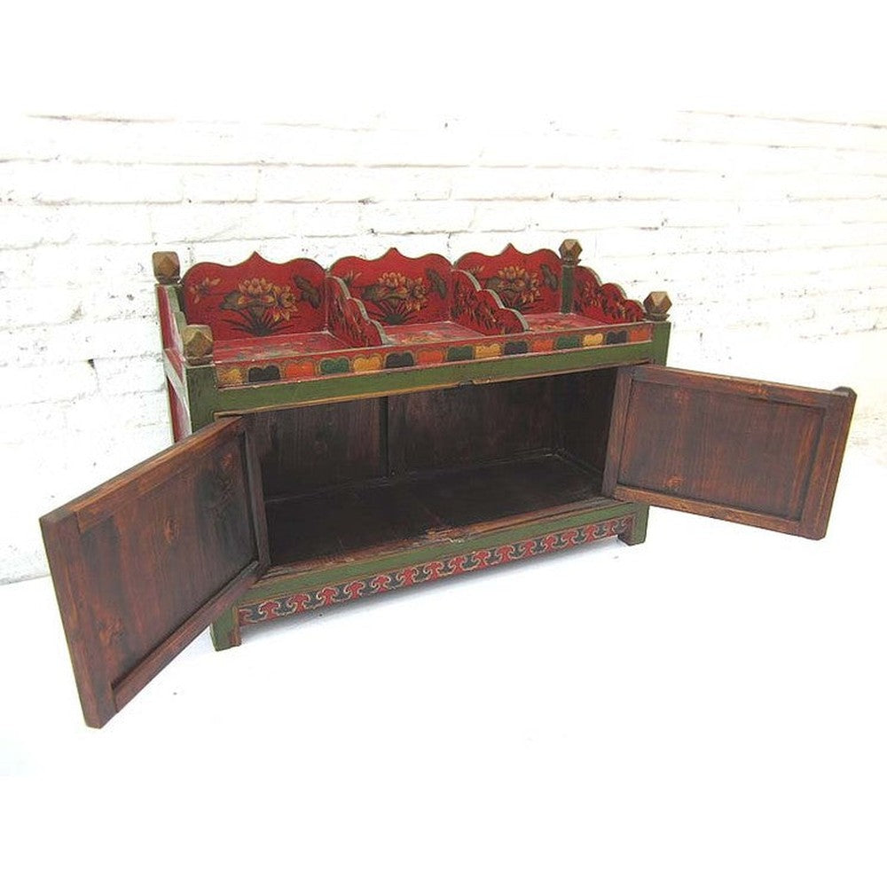 China 1940 Kommode Pinienholz dunkelgrüne und rotbraune Bemalung von Luxury-Park