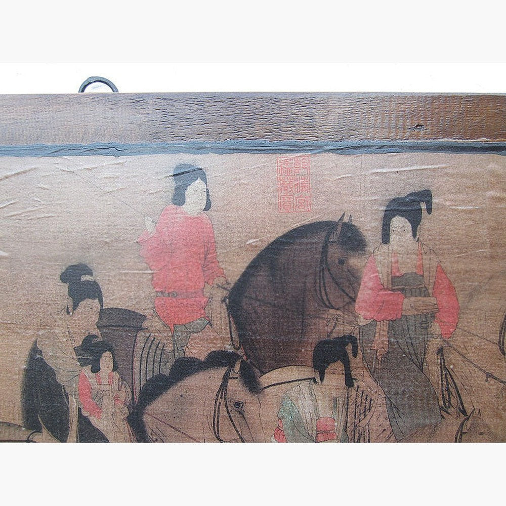China breites Wandbild Reiterszene ca. 1930 honigfarbener Holzrahmen