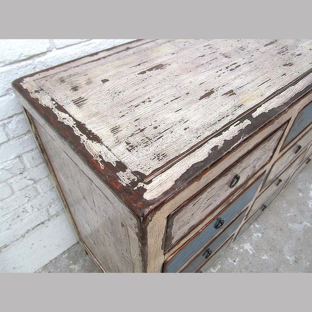China breite Kommode Sideboard shabby chic 16 Schubladen weiß blau Pinie