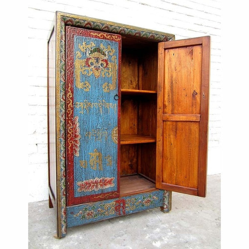 Kleine Kommode Schrank blau-rot vintage style Vollholz aus Tibet