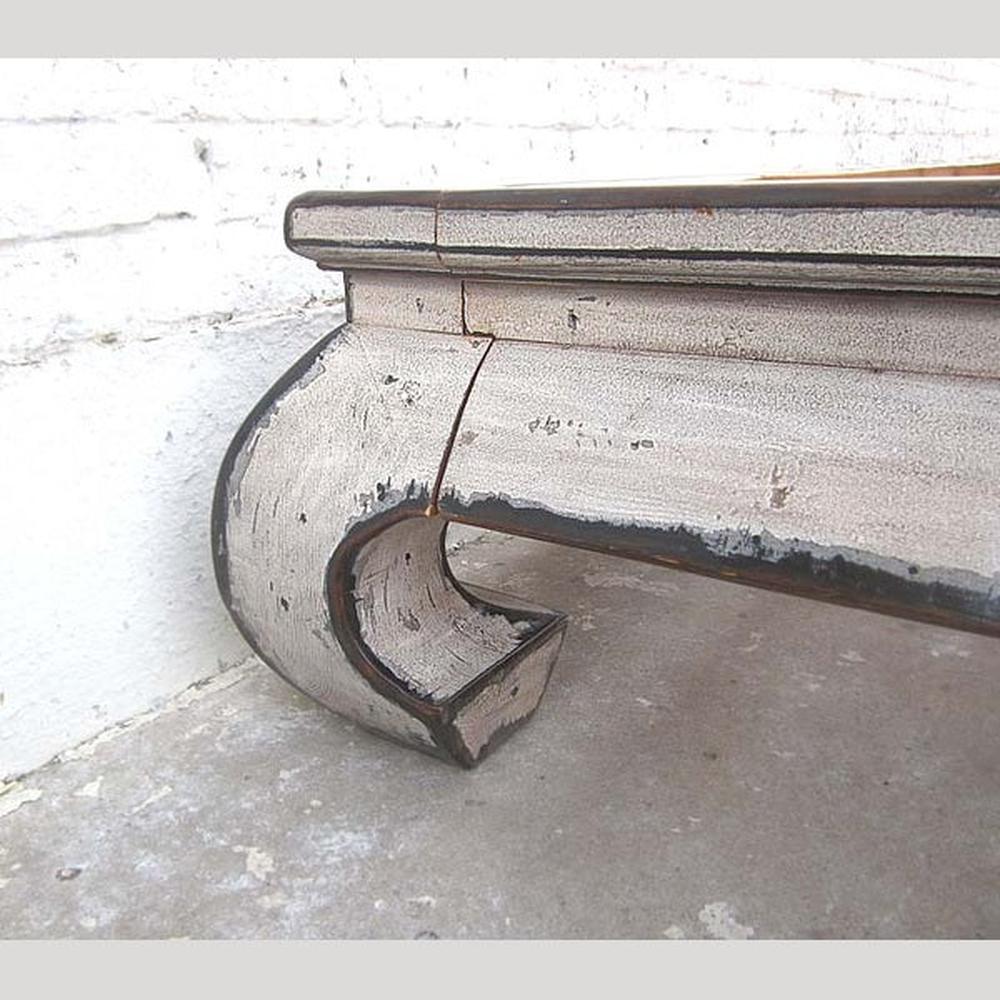 Asien flaches Doppel Bett Antikweiß Vintage Stil Vollholz 200x140x35cm