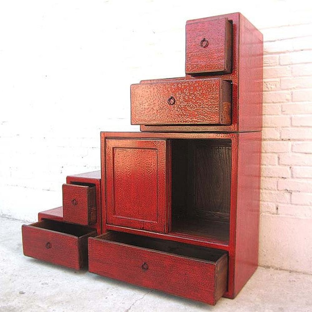 Asien Treppen Kommode Schrank rotbraun Antikfinish Vollholz
