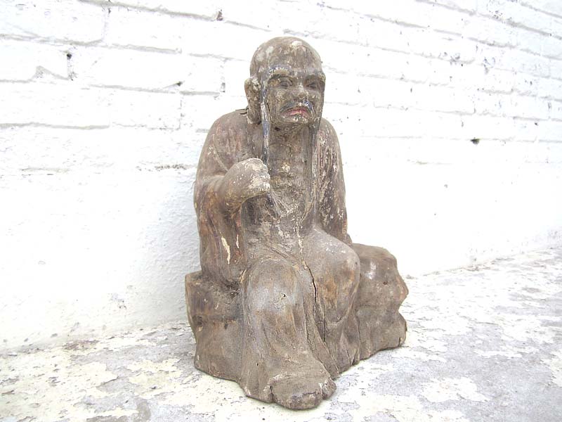 Mönch im Gespräch sitzend Statue Figur Skulptur Pappelholz China 1910
