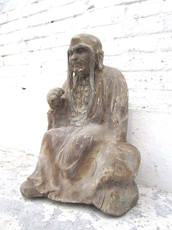 Mönch in Meditation sitzend Statue Figur Skulptur Pappelholz China 1910