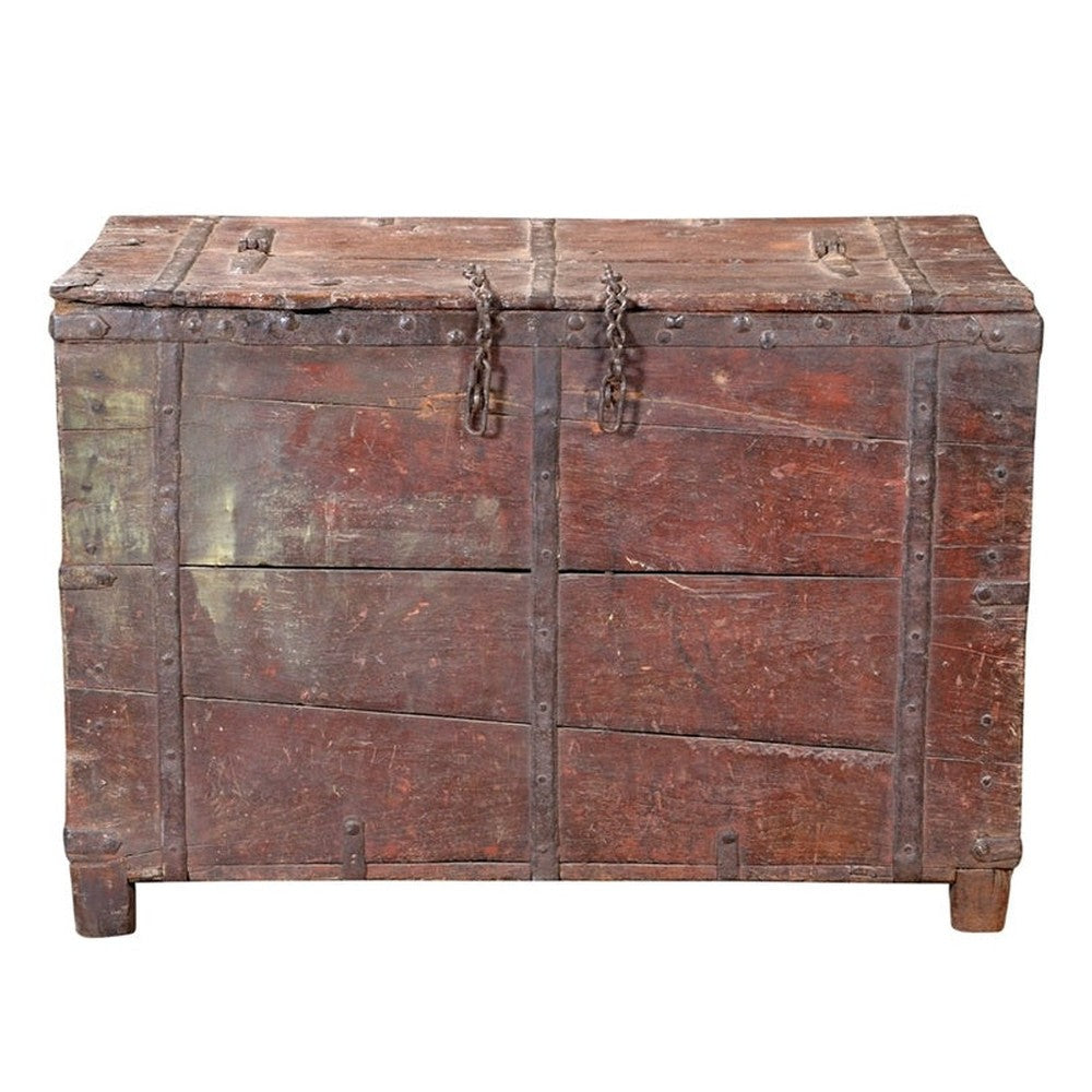 South India 1930 massive Teak Truhe Kassettenstil Metallbeschlag