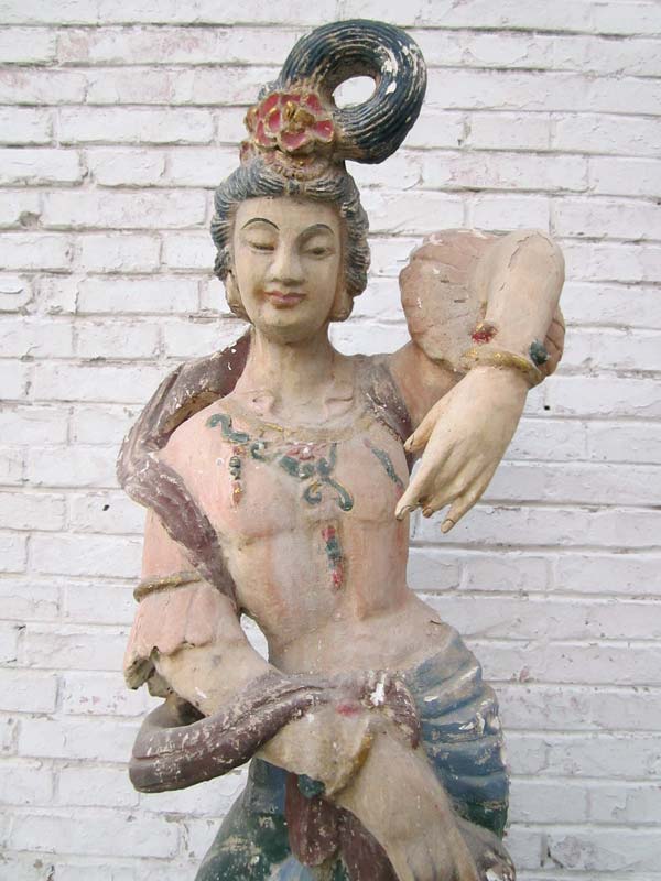China 1940 Tänzerin Göttin prächtig bemalte Skulptur Holz antik