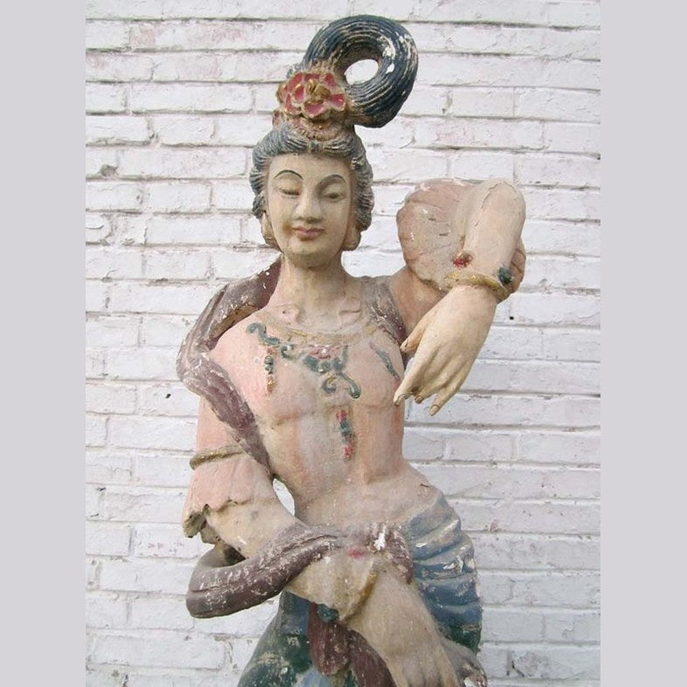 China 1940 Tänzerin Göttin prächtig bemalte Skulptur Holz antik