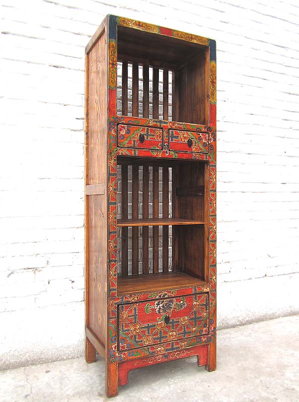 Asien schlanker Regalturm Kommode buntbraun Folklore Stil Pinienholz