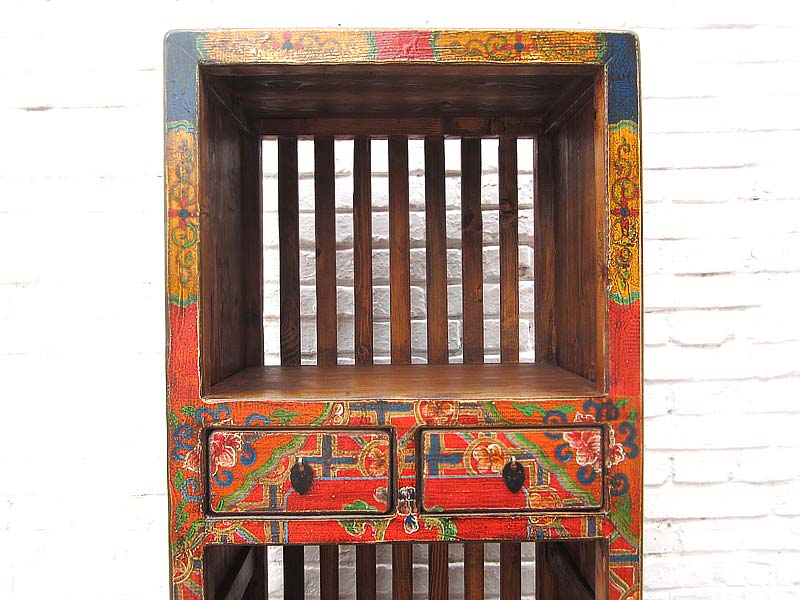 Asien schlanker Regalturm Kommode buntbraun Folklore Stil Pinienholz