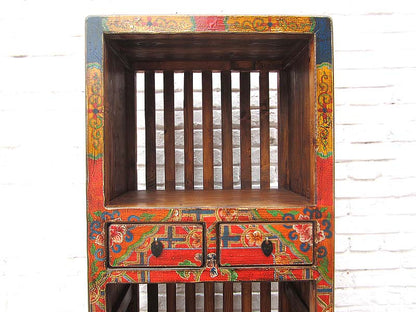 Asien schlanker Regalturm Kommode buntbraun Folklore Stil Pinienholz