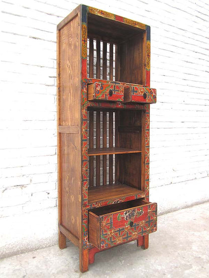 Asien schlanker Regalturm Kommode buntbraun Folklore Stil Pinienholz