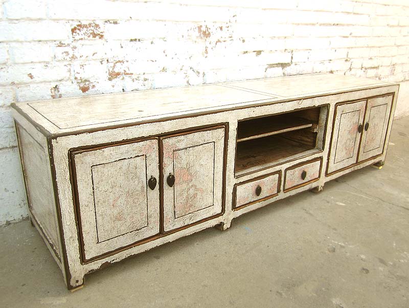 Asien Fernseh Kommode Lowboard für Flachbildschirm antikweiß vintage style Massivholz