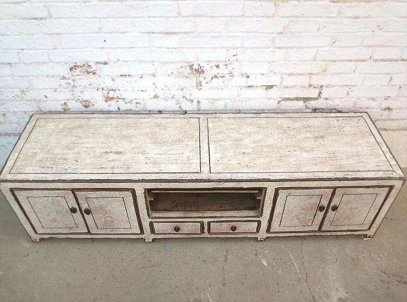 Asien Fernseh Kommode Lowboard für Flachbildschirm antikweiß vintage style Massivholz