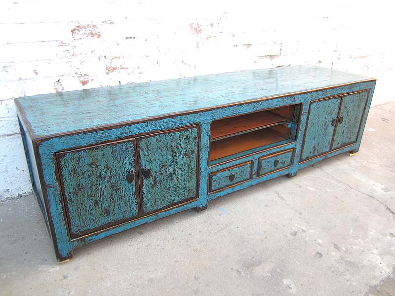 China cyanblaue TV Kommode Lowboard für Flachbildschirm heavy used vintage Look