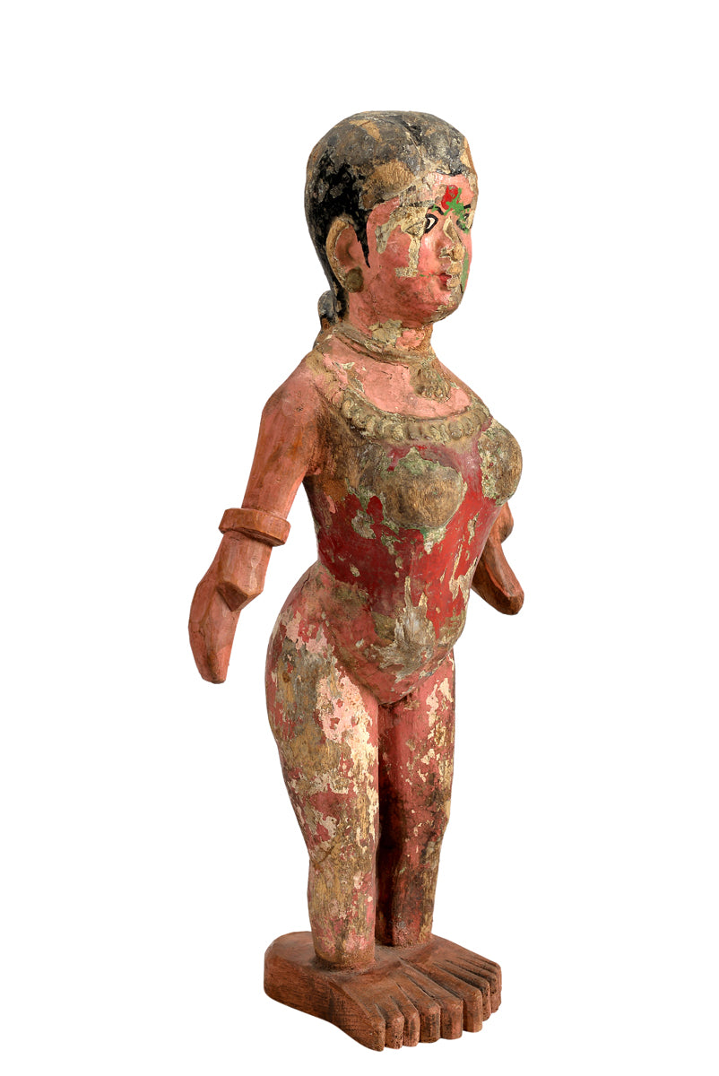 Indien Frauenfigur Skulptur bunt bemaltes Holz Folklore Rajasthan 1920